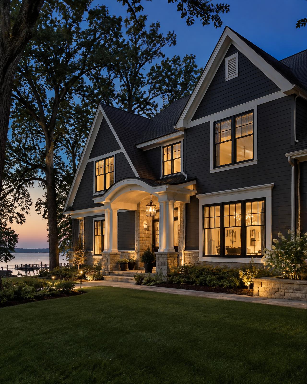 Lake Country home with new dark fiber cement siding at dusk